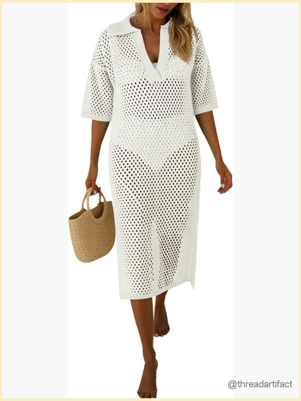 Crochet Crochet Swimsuit Coverup Maxi Dress Short Sleeve V Neck Beach